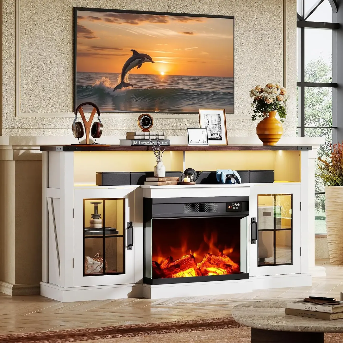 Mueble para TV WLIVE con chimenea eléctrica y vidrio en 3 lados para televisores de 65 pulgadas; centro de entretenimiento con 14 colores de llama y gabinetes de almacenamiento con iluminación LED ajustable; consola multimedia estilo rústico para sala de 