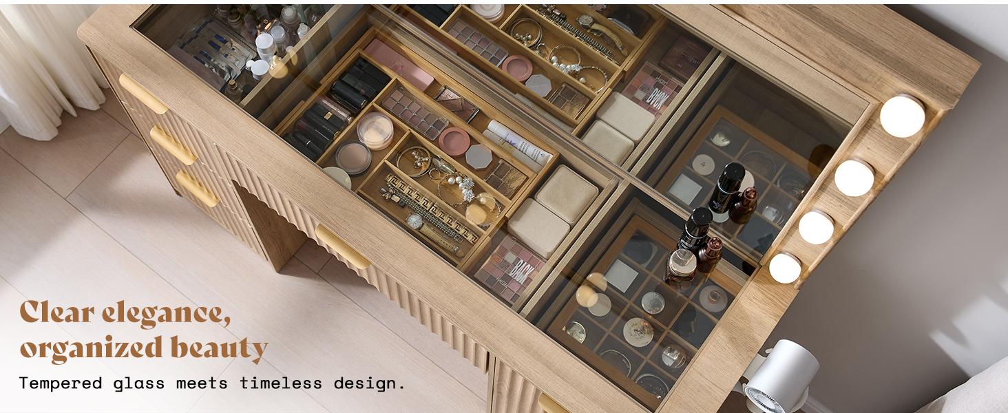 AMERLIFE 36.2/47.2" Fluted Vanity Desk with Mirror and Adjustable LED Lights, Large 4/7 Drawers Makeup Table with Glass Top and Charging Station for Women and Girls, Bedroom or Dorm/Best Gift Ideas/Christmas Gifts[tiktokshopbacktoschool][SohoChic]