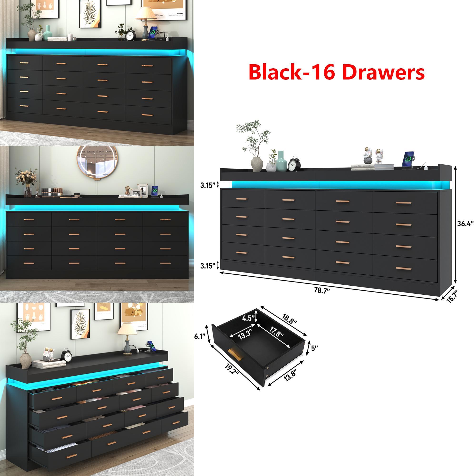 Dresser with LED Light and Charging Station, Modern Chest of Drawers for Closet, Wide Drawer Organizer Cabinet for Bedroom, Living Room, Entryway, Hallway