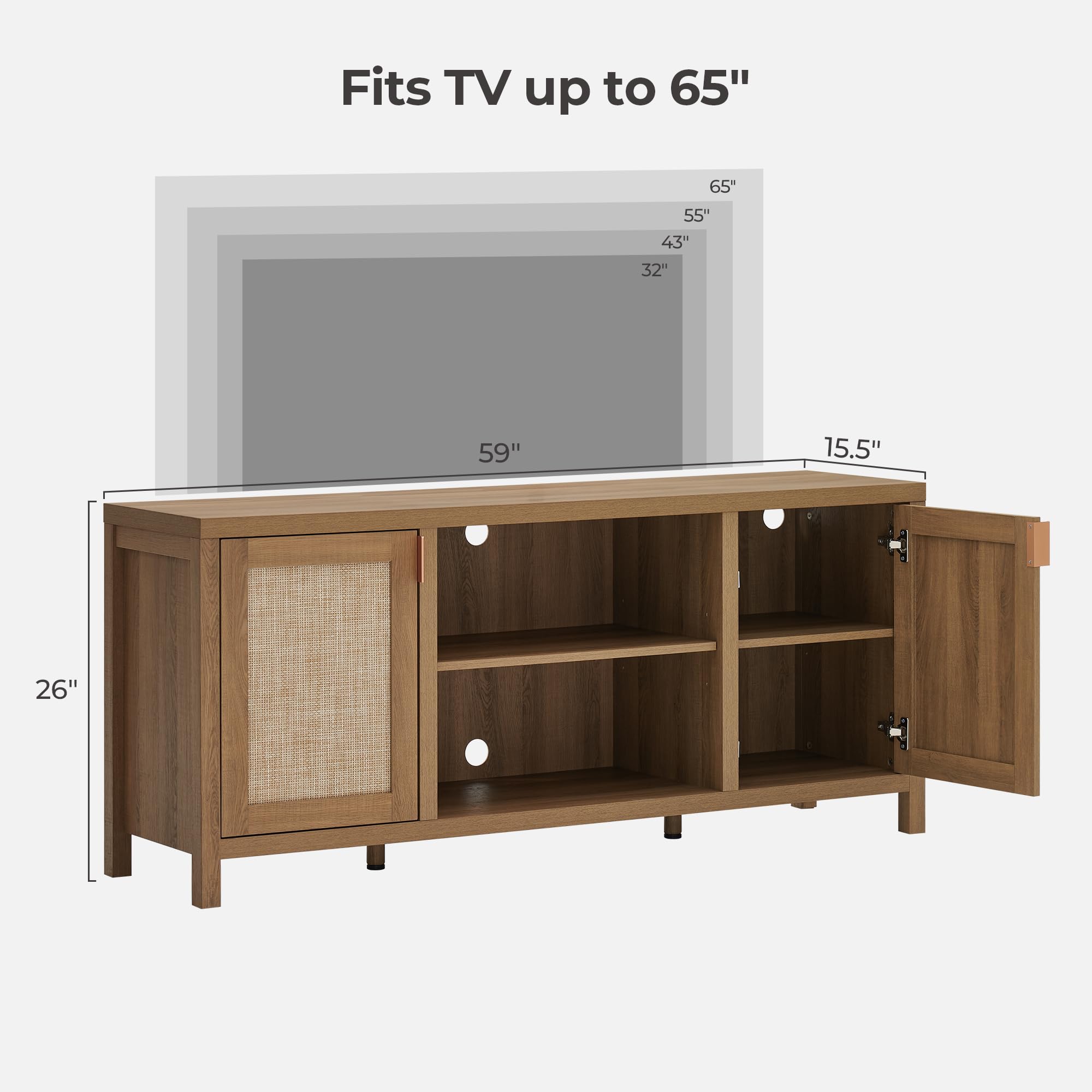 【SohoChic】SICOTAS TV Stand for Living Room Boho Entertainment Center for Bedroom with 4 Rattan Cabinets Farmhouse Television Stands with Storage Large Wood Media Console Table for TVs up to 45 50 55 60 65 Inch