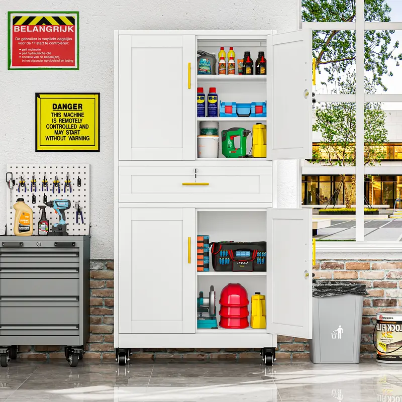 75" Lockable Metal Storage Cabinet with Wheels, Rolling Tool Organizer with Shelves & Drawer for Multi-Scene Use