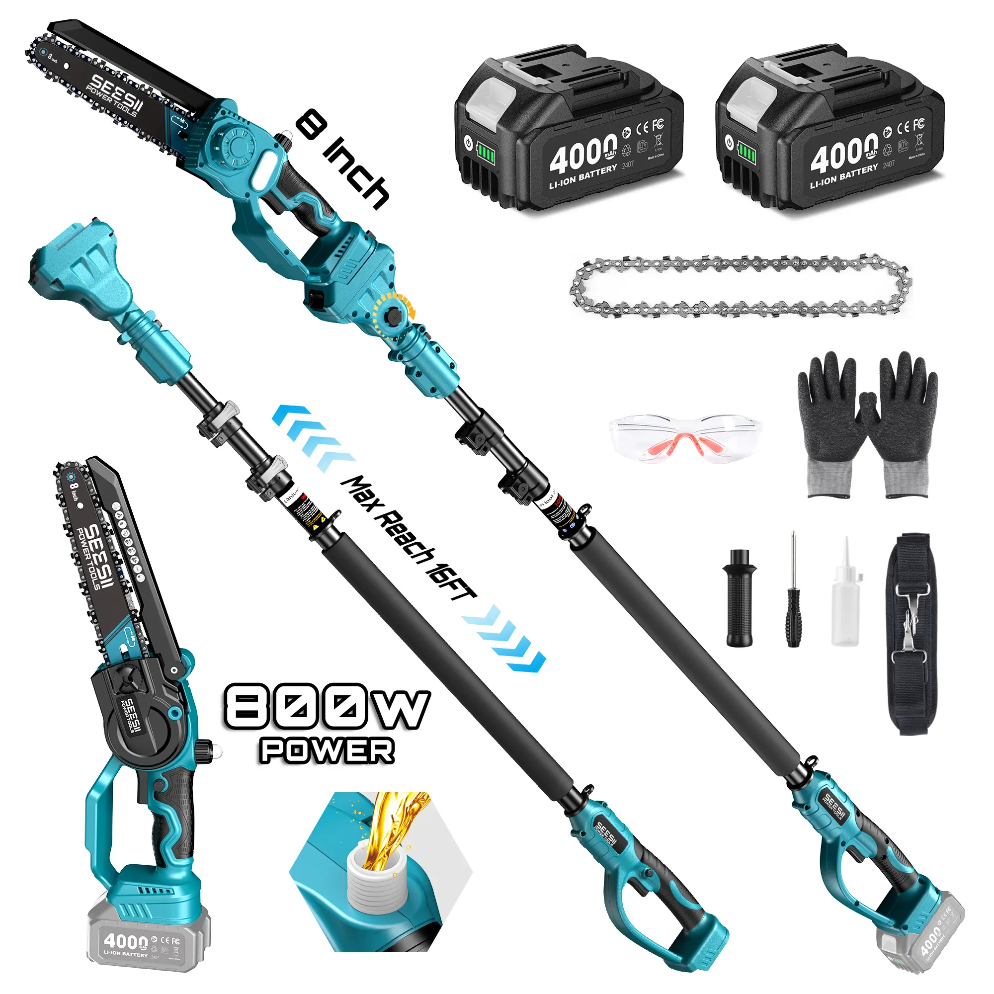 SeeSii 2 en 1: Sierra de Pértiga Inalámbrica y Mini Motosierra (con 2 Baterías) — Sierra Eléctrica de Pértiga para Poda de Árboles, con Barra de Extensión y Alcance de 16 pies — Cortador y Podador de Ramas — Modelos P8 Ace / P6 Ace / CH800 — #Novedad