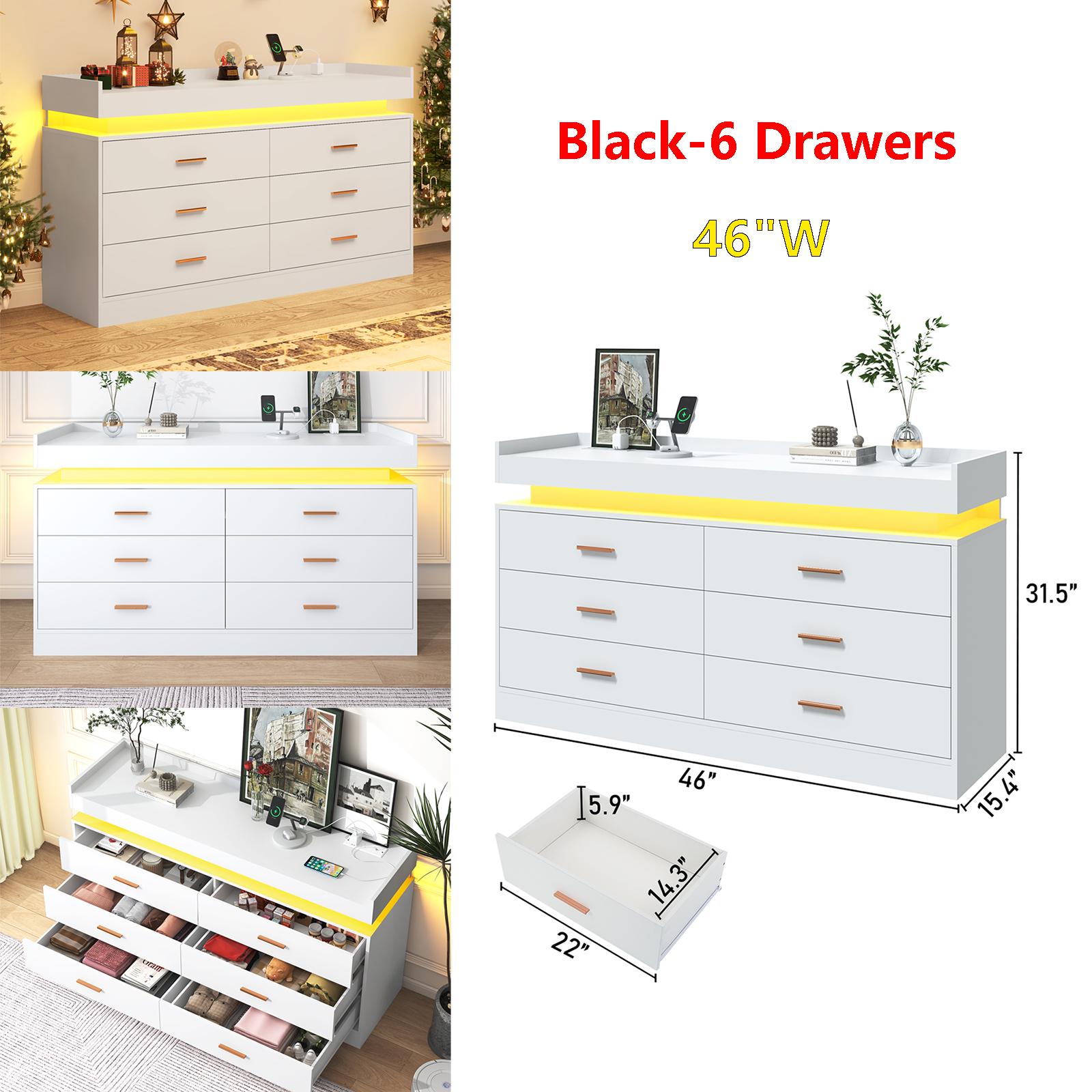 Dresser with LED Light and Charging Station, Modern Chest of Drawers for Closet, Wide Drawer Organizer Cabinet for Bedroom, Living Room, Entryway, Hallway