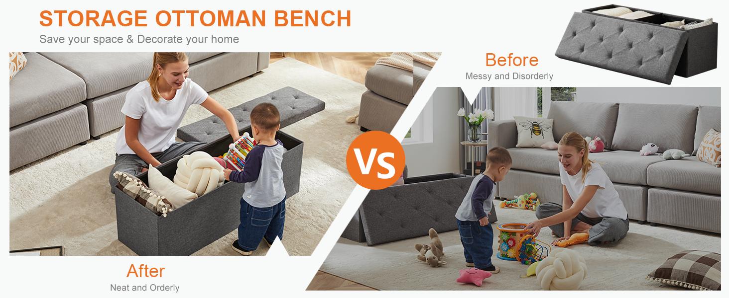 【NEW COLOR】Folding Storage Ottoman Bench, Foot Rest Stool with Padded Seat, Large Toy Box Storage Chest with Seatin, Holds up to 660 lb-Grey