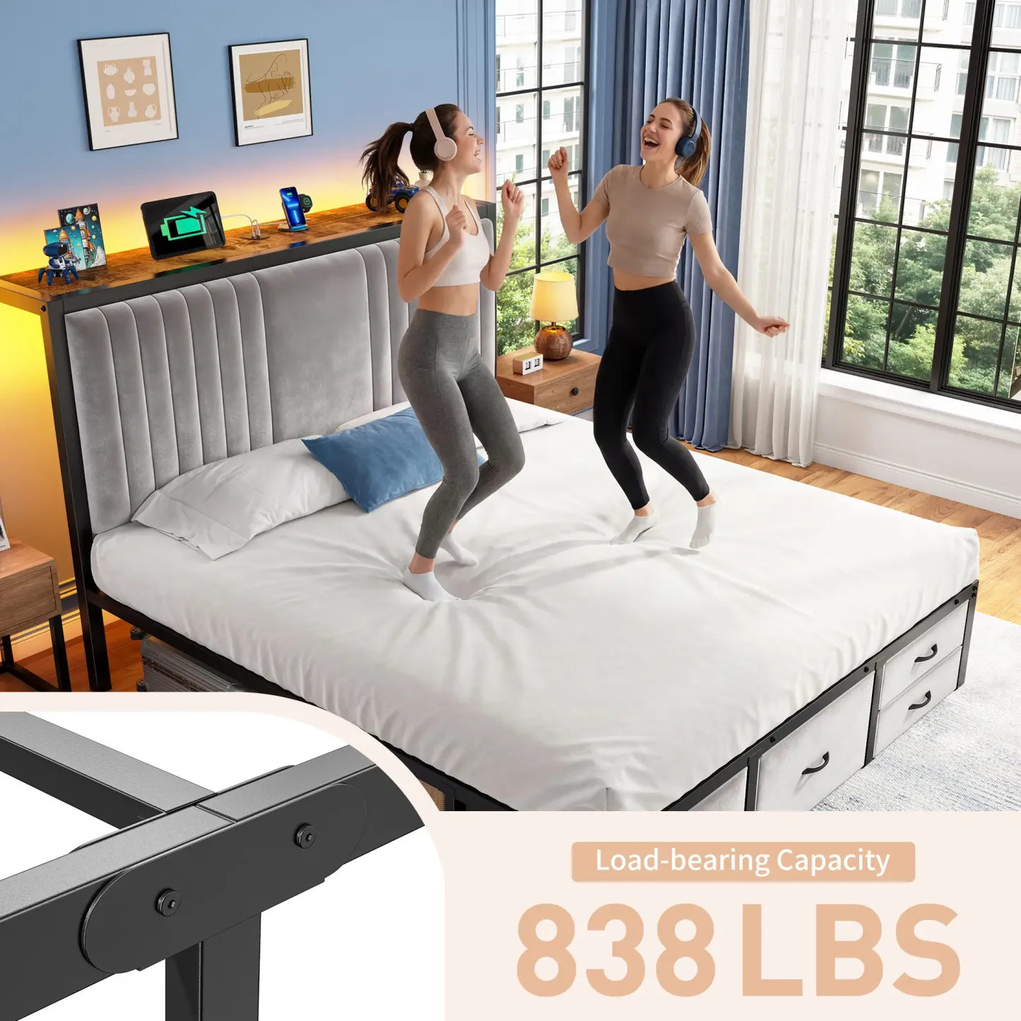 Estructura de cama moderna de metal tapizado (apta para camas King/Queen/Full) con 5 cajones de almacenamiento de tela; el cabecero integra una estación de carga y estantes con tira de luz LED; altura libre de 34 cm debajo de la cama, ideal para apartamen
