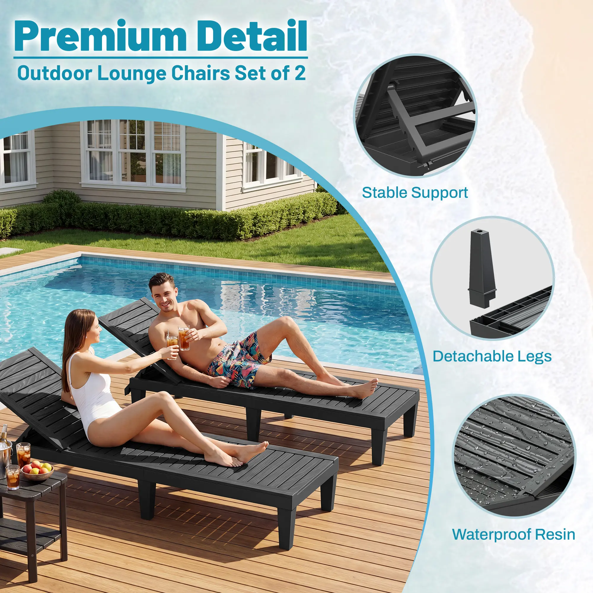 RIWENGO - Juego de 2 tumbonas para patio; sillas reclinables ajustables para exteriores, ideales para piscina, jardín, patio trasero o terraza.