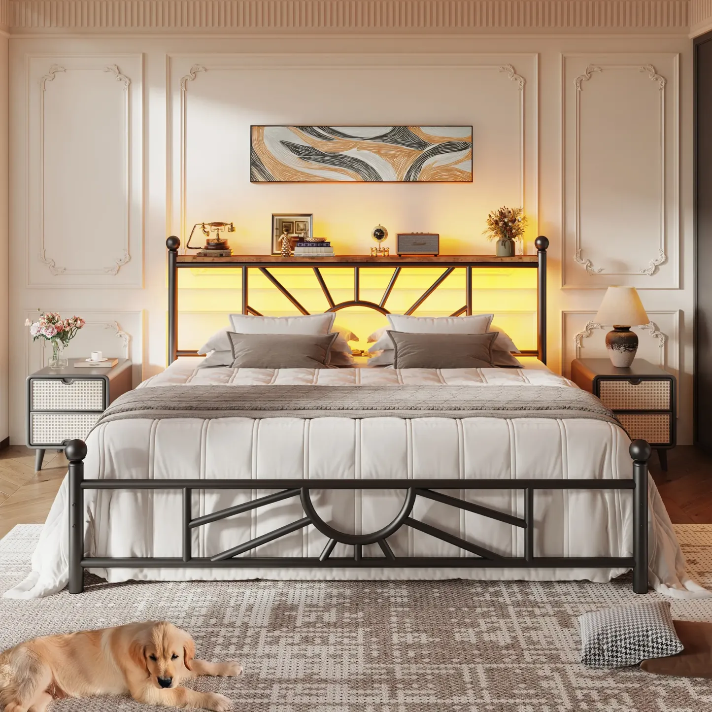 Estructura de cama moderna de metal tapizado (apta para camas King/Queen/Full) con 5 cajones de almacenamiento de tela; el cabecero integra una estación de carga y estantes con tira de luz LED; altura libre de 34 cm debajo de la cama, ideal para apartamen
