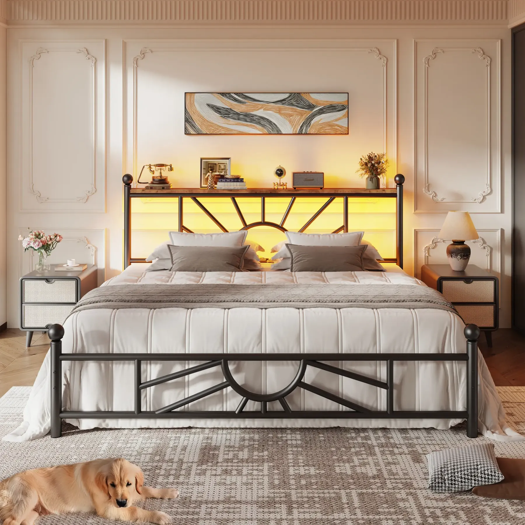 Estructura de cama moderna de metal tapizado (apta para camas King/Queen/Full) con 5 cajones de almacenamiento de tela; el cabecero integra una estación de carga y estantes con tira de luz LED; altura libre de 34 cm debajo de la cama, ideal para apartamen