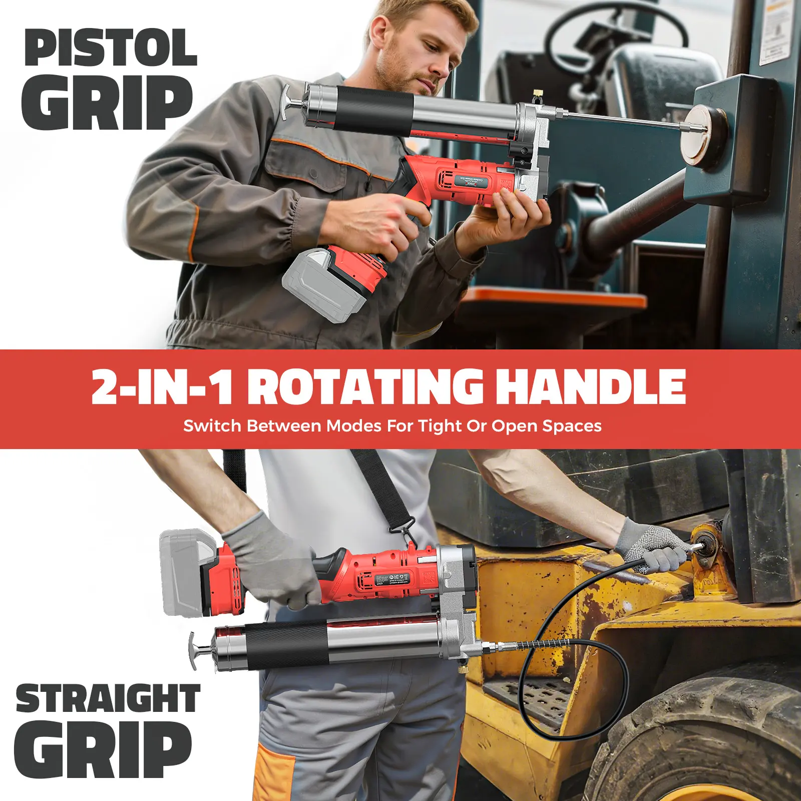 Esta pistola de engrase inalámbrica es compatible con baterías Milwaukee/DeWalt, ofrece una presión de hasta 12.000 PSI, cuenta con un diseño de doble empuñadura (pistola y en línea), es compatible con grasa a granel y en lata, e incluye una manguera de 3