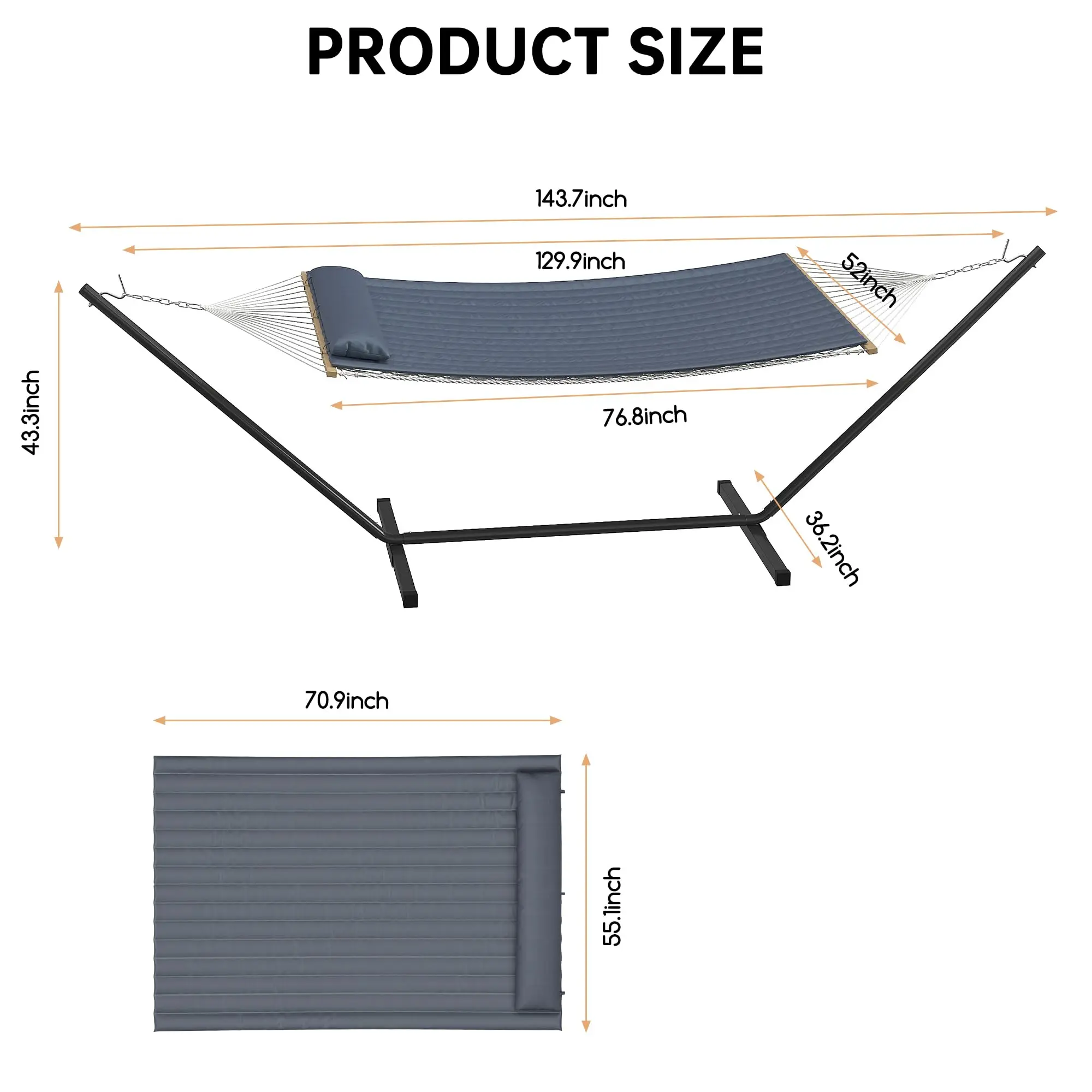 Double Hammock with Stand Included - 475lbs Heavy Duty 2 Person Hammock with Quilted Fabric Pad & Pillow - Hardwood Spreader Bar & 12FT Portable Steel Stand for Backyard, Patio, Indoor