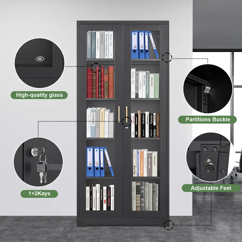 POLUP Armario independiente, resistente e impermeable de 71 pulgadas: vitrina rectangular de vidrio con puerta con cerradura, estructura metálica y puerta de cristal, 4 estantes ajustables, base plana, decoración moderna para el hogar; mueble de almacenam