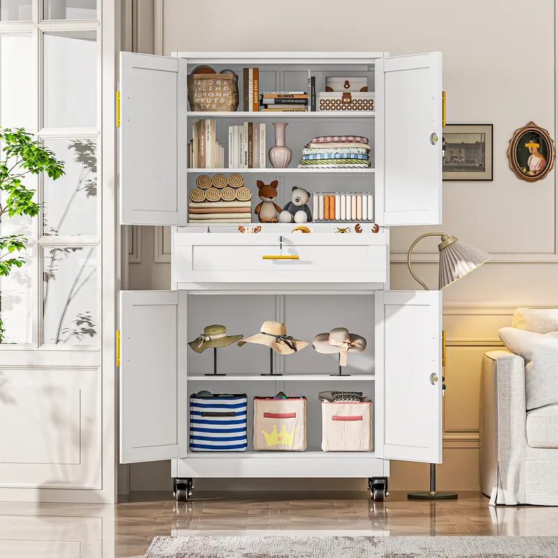 75" Lockable Metal Storage Cabinet with Wheels, Rolling Tool Organizer with Shelves & Drawer for Multi-Scene Use