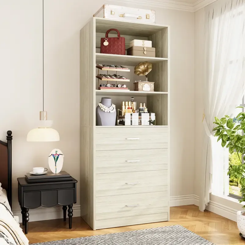 Sistema de vestidor moderno de 21,3 pulgadas: 4 cajones de madera, estantes de almacenamiento ajustables, armario estrecho y resistente con sistema antivuelco, organización personalizable para espacios pequeños, organizador de almacenamiento para dormitor
