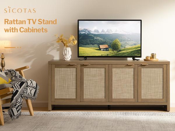 【SohoChic】SICOTAS TV Stand for Living Room Boho Entertainment Center for Bedroom with 4 Rattan Cabinets Farmhouse Television Stands with Storage Large Wood Media Console Table for TVs up to 45 50 55 60 65 Inch