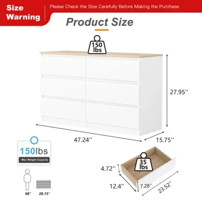 Cómoda moderna Spaco de 6 cajones para dormitorio (blanca): mueble ancho de madera con cajones profundos de deslizamiento suave; mueble de almacenamiento grande para interiores, ideal para apartamentos y decoración del hogar.