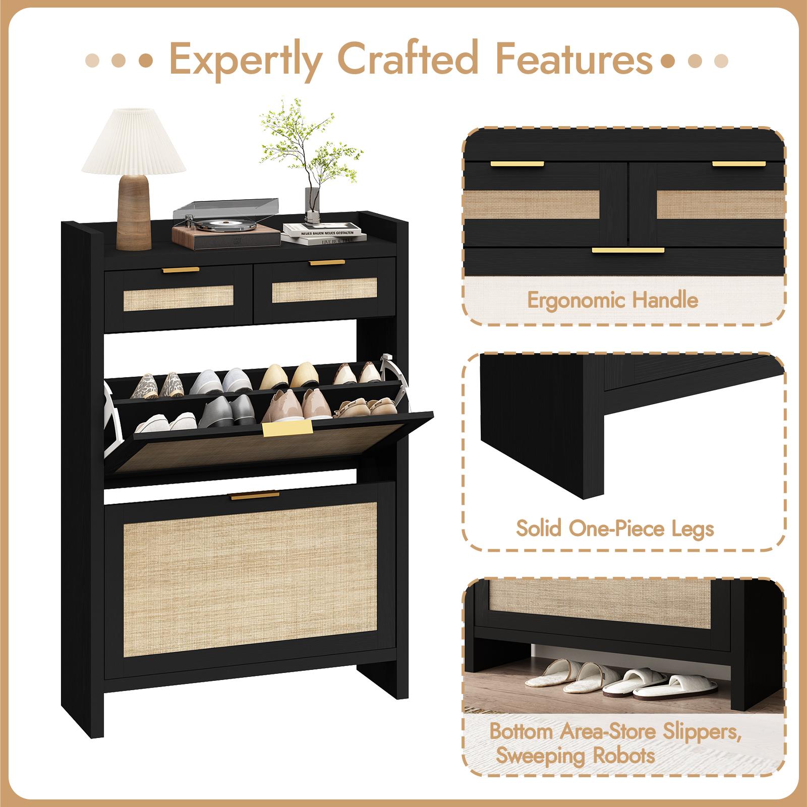 PieDle Furniture Boho-Chic Rattan Shoe Storage with Drawers for Home Entries