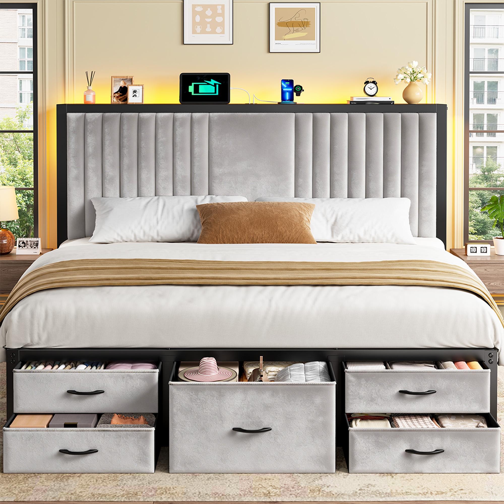 Modern King/Queen/Full Size Bed Frame with 5 Storage Fabric Drawers,Luxury Upholstered Platform LED Metal Bed Frame with Built-in Charging Station & Shelf on Headboard, 13.39" Under Bed Space for Apartment, Dorms, Attic, Guestroom, 838LBS Capacity
