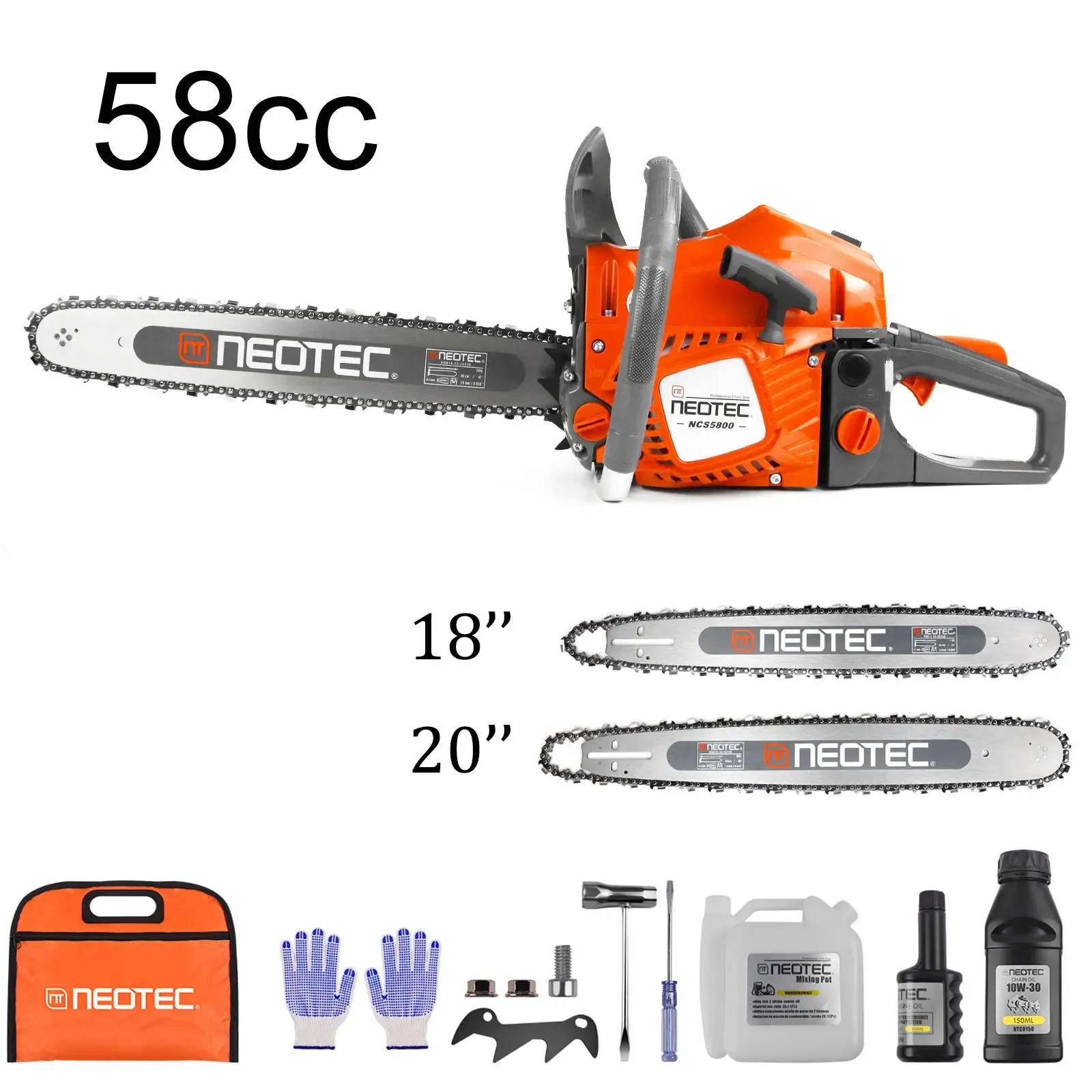 Motosierra de gasolina NEOTEC de 58 cc/62 cc con mezcla de gasolina y aceite 25:1; diseño ligero y portátil para cortar madera fácilmente en jardines y exteriores.