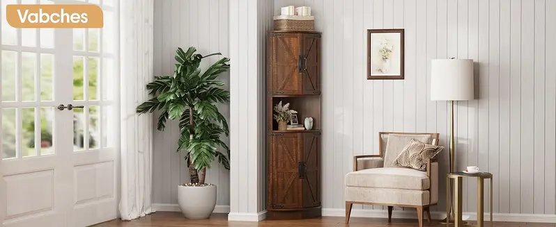 Vabches 64.8" Height Farmhouse Wood Corner Cabinet - 4 Doors, 5 Storage Shelves, Barn Door, 90&deg; Right-Angle Design, Anti-tip Wall Mount, 22"(w)x15.6"(d)x64.8"(h), Space Saving Furniture for Living Room, Kitchen
