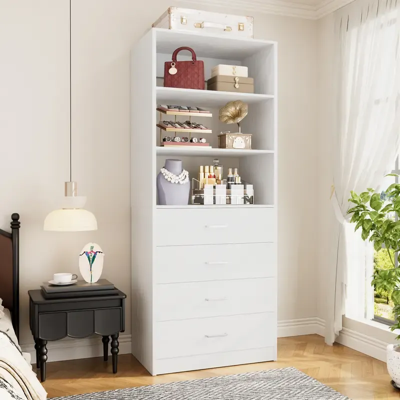 Sistema de vestidor moderno de 21,3 pulgadas: 4 cajones de madera, estantes de almacenamiento ajustables, armario estrecho y resistente con sistema antivuelco, organización personalizable para espacios pequeños, organizador de almacenamiento para dormitor