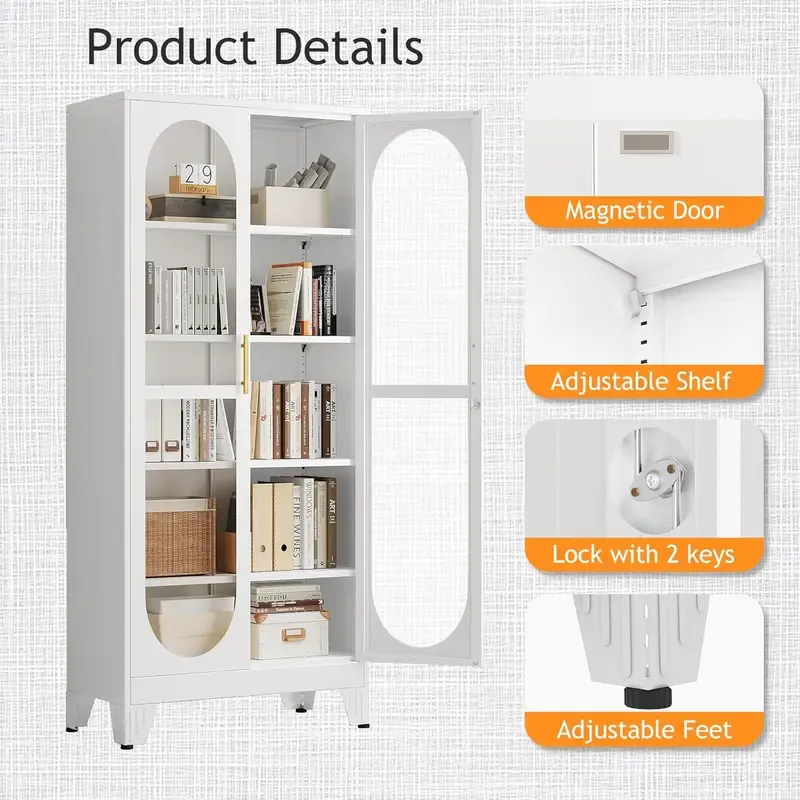 Vitrina metálica resistente de 180 cm de altura con puerta de cristal con cerradura, mueble de cinco niveles con cuatro estantes ajustables, ideal para bar en casa y almacenamiento de utensilios para vajilla, objetos de colección y archivos.