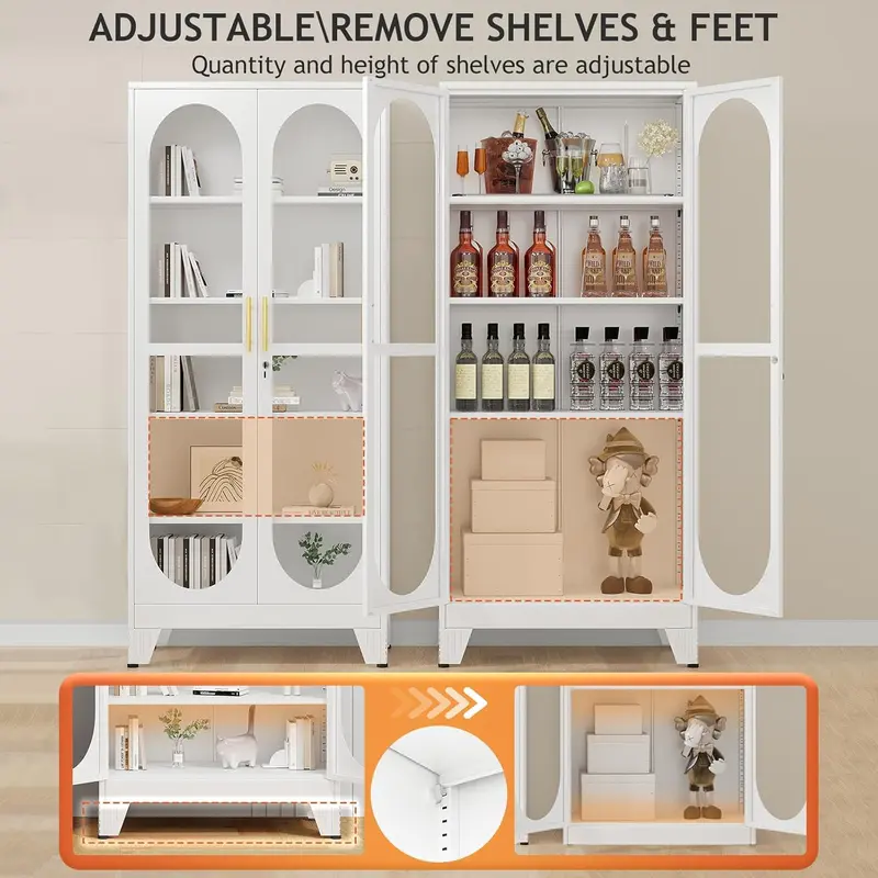Vitrina metálica resistente de 180 cm de altura con puerta de cristal con cerradura, mueble de cinco niveles con cuatro estantes ajustables, ideal para bar en casa y almacenamiento de utensilios para vajilla, objetos de colección y archivos.
