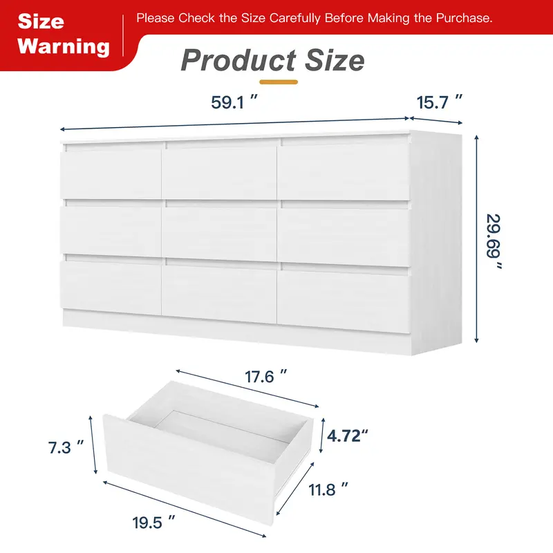 Cómoda moderna Spaco de 6 cajones para dormitorio (blanca): mueble ancho de madera con cajones profundos de deslizamiento suave; mueble de almacenamiento grande para interiores, ideal para apartamentos y decoración del hogar.