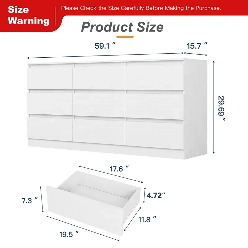 Cómoda moderna Spaco de 6 cajones para dormitorio (blanca): mueble ancho de madera con cajones profundos de deslizamiento suave; mueble de almacenamiento grande para interiores, ideal para apartamentos y decoración del hogar.