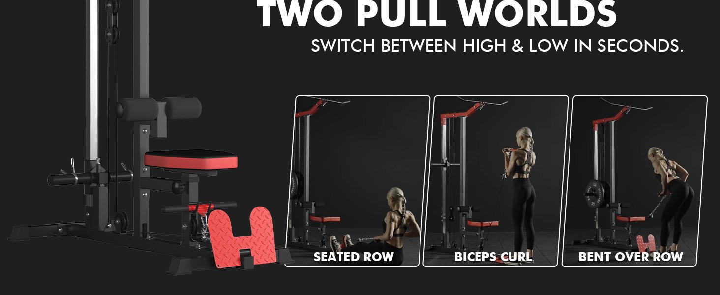 LAT Tower Fitness Equipment with Lat Pull Down, Lat Row, High & Low Pulley Station, Flip-Up Footplate, and AB Crunch Harness for Home Gym Barbell Clamps