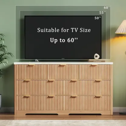 Cómoda estriada para dormitorio con 7 cajones, cómoda moderna de 53 pulgadas con superficie de imitación mármol, cómoda estilo mediados de siglo con tiradores dorados y perfil curvo, mueble de madera natural para TV (apto para dormitorio o sala de estar)