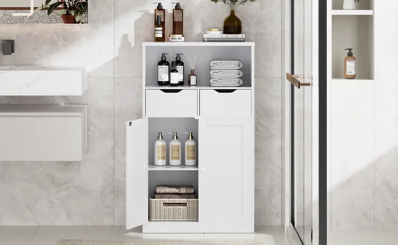 Walsunny Floor Storage Cabinet, Organizer with Doors and Drawers, Freestanding Kitchen Side Cupboard Pantry with Adjustable Shelf Hutch Cupboard for Kitchen/Laundry/Bathroom/Living room