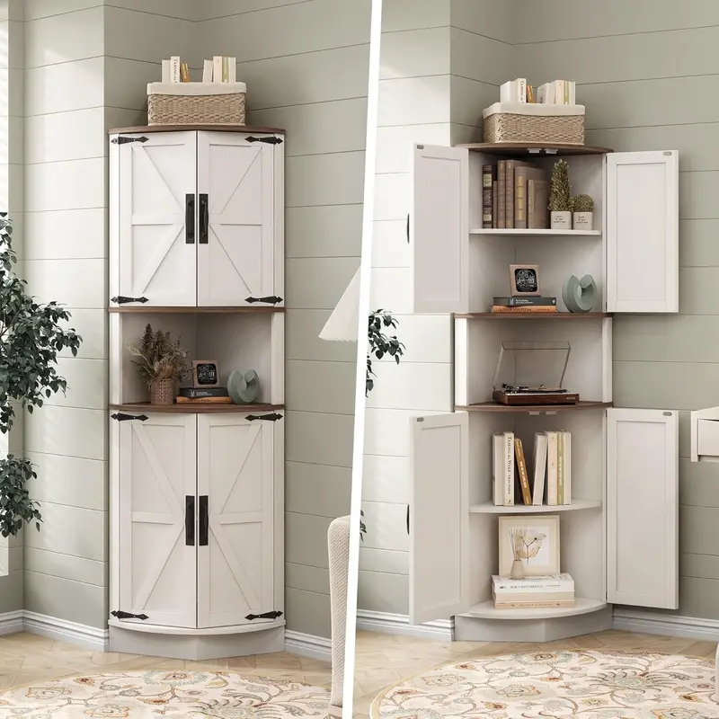 Armario esquinero de madera estilo granja (64,8" de altura): 4 puertas, 5 estantes de almacenamiento, puerta tipo granero, diseño en ángulo recto de 90°, anclaje de pared antivuelco, 22" (ancho) x 15,6" (profundidad) x 64,8" (altura); mueble que ahorra es