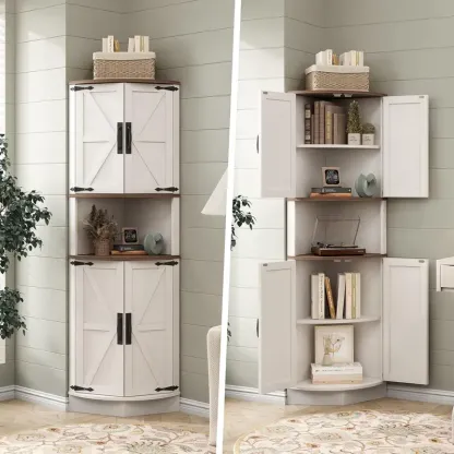 Armario esquinero de madera estilo granja (64,8" de altura): 4 puertas, 5 estantes de almacenamiento, puerta tipo granero, diseño en ángulo recto de 90°, anclaje de pared antivuelco, 22" (ancho) x 15,6" (profundidad) x 64,8" (altura); mueble que ahorra es