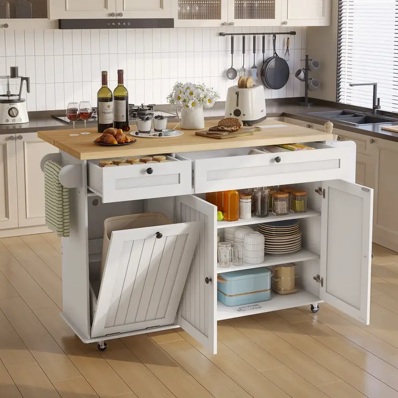 Isla de cocina ONBRILL de 60 pulgadas con toma de corriente y superficie abatible; isla móvil con especiero, toallero y soporte para cuchillos; carrito isla con compartimento para basura; mesa isla móvil para cocina.