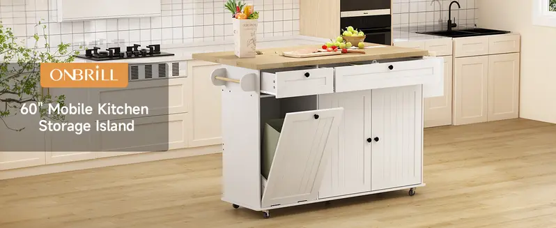 【FallDealsForYou】ONBRILL 60" Kitchen Island with Power Outlet & Drop Leaf, Kitchen Rolling Island with Spice Rack & Towel Rack, Knife Holder, Kitchen Island Cart with Trash Storage Cabinet, Mobile Island Table for Kitchen