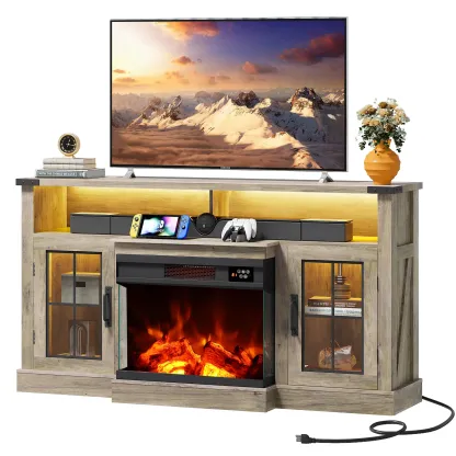 Mueble para TV WLIVE con chimenea eléctrica y vidrio en 3 lados para televisores de 65 pulgadas; centro de entretenimiento con 14 colores de llama y gabinetes de almacenamiento con iluminación LED ajustable; consola multimedia estilo rústico para sala de 