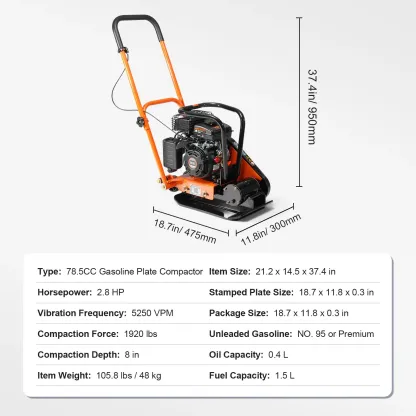 Compactadora de Placas VEVOR, Motor de Gasolina de 6.5 HP y 196 cc, Apisonadora Vibratoria de 4200 lb, Placa de 22.1 x 15.9 pulgadas, Apisonadora de Salto, Compactadora de Pavimentos de 5600 VPM para Senderos, Asfalto y Paisajismo con Adoquines