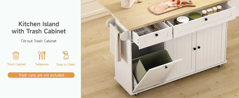 【FallDealsForYou】ONBRILL 60" Kitchen Island with Power Outlet & Drop Leaf, Kitchen Rolling Island with Spice Rack & Towel Rack, Knife Holder, Kitchen Island Cart with Trash Storage Cabinet, Mobile Island Table for Kitchen