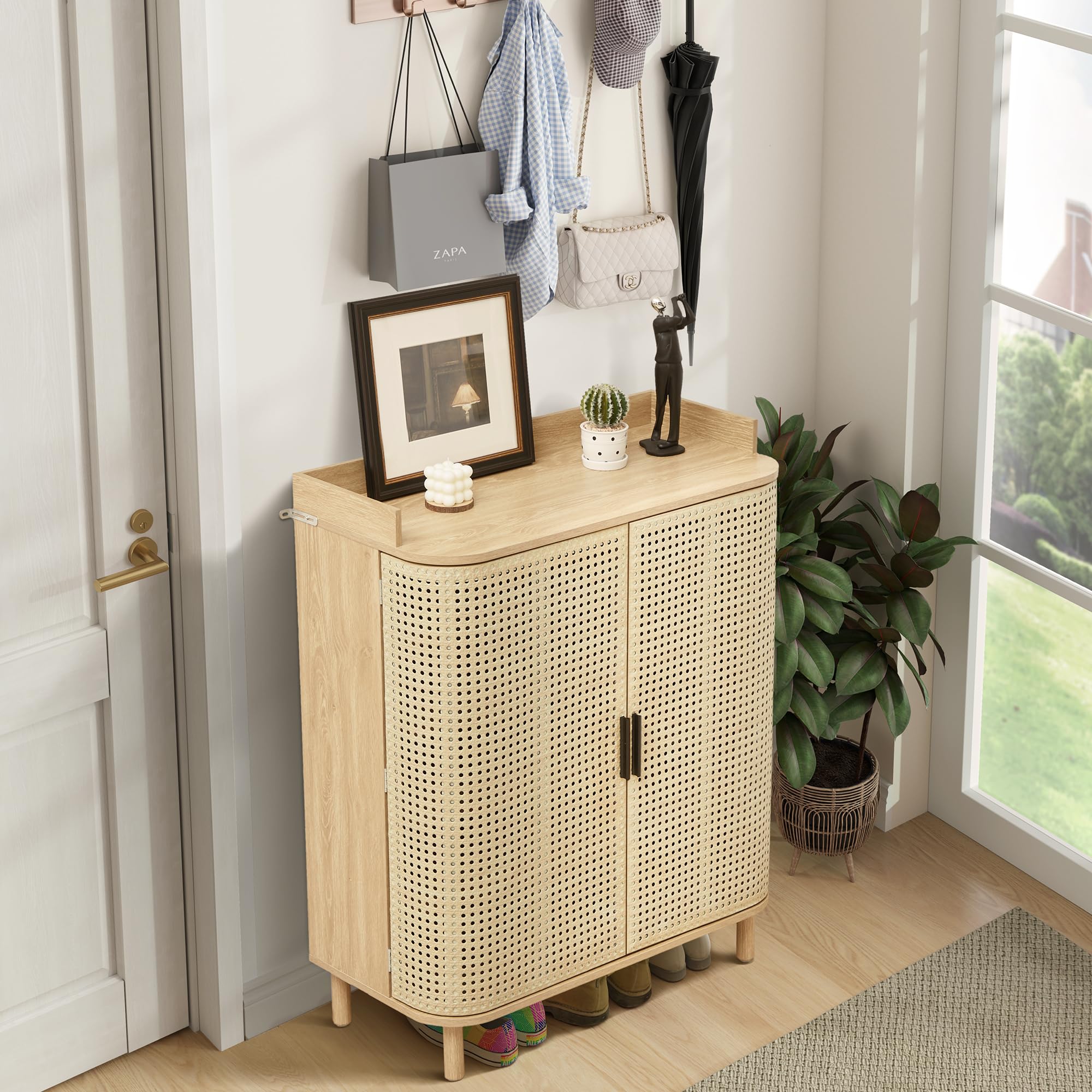 Giratree Shoe Cabinet, 5 Tier Boho Wooden Shoe Storage Organizer Cabinet with Adjustable Shelves, Shoes Rack with Iron Rattan Curved Doors Accent Cabinet for Entryway Hallway Living Room