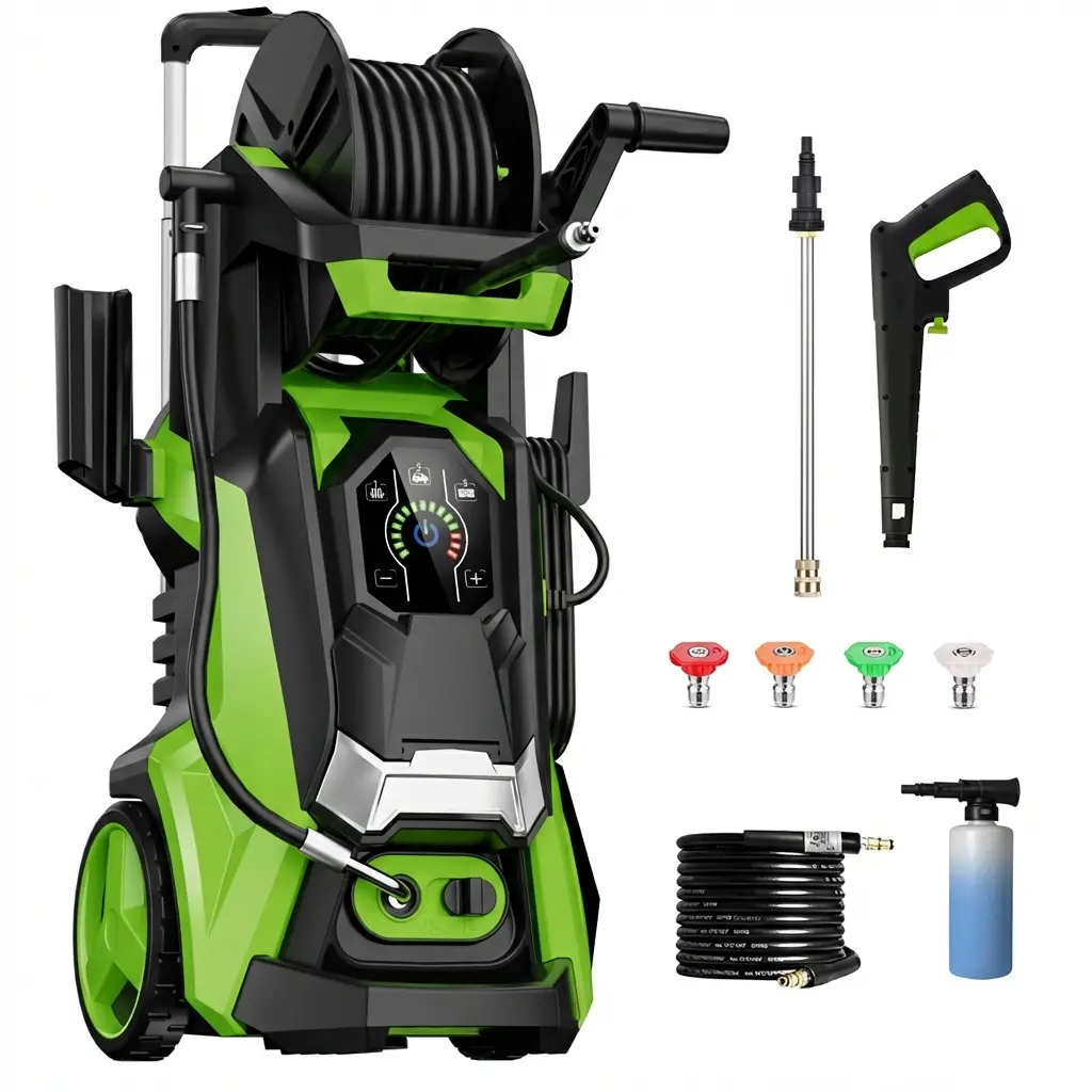 Hidrolimpiadora eléctrica de alta presión (2800 PSI, 1.9 GPM) con pantalla táctil, presión ajustable, 4 boquillas y cañón de espuma de 500 ml para la limpieza de patios.