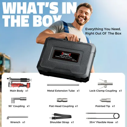 Esta pistola de engrase inalámbrica es compatible con baterías Milwaukee/DeWalt, ofrece una presión de hasta 12.000 PSI, cuenta con un diseño de doble empuñadura (pistola y en línea), es compatible con grasa a granel y en lata, e incluye una manguera de 3
