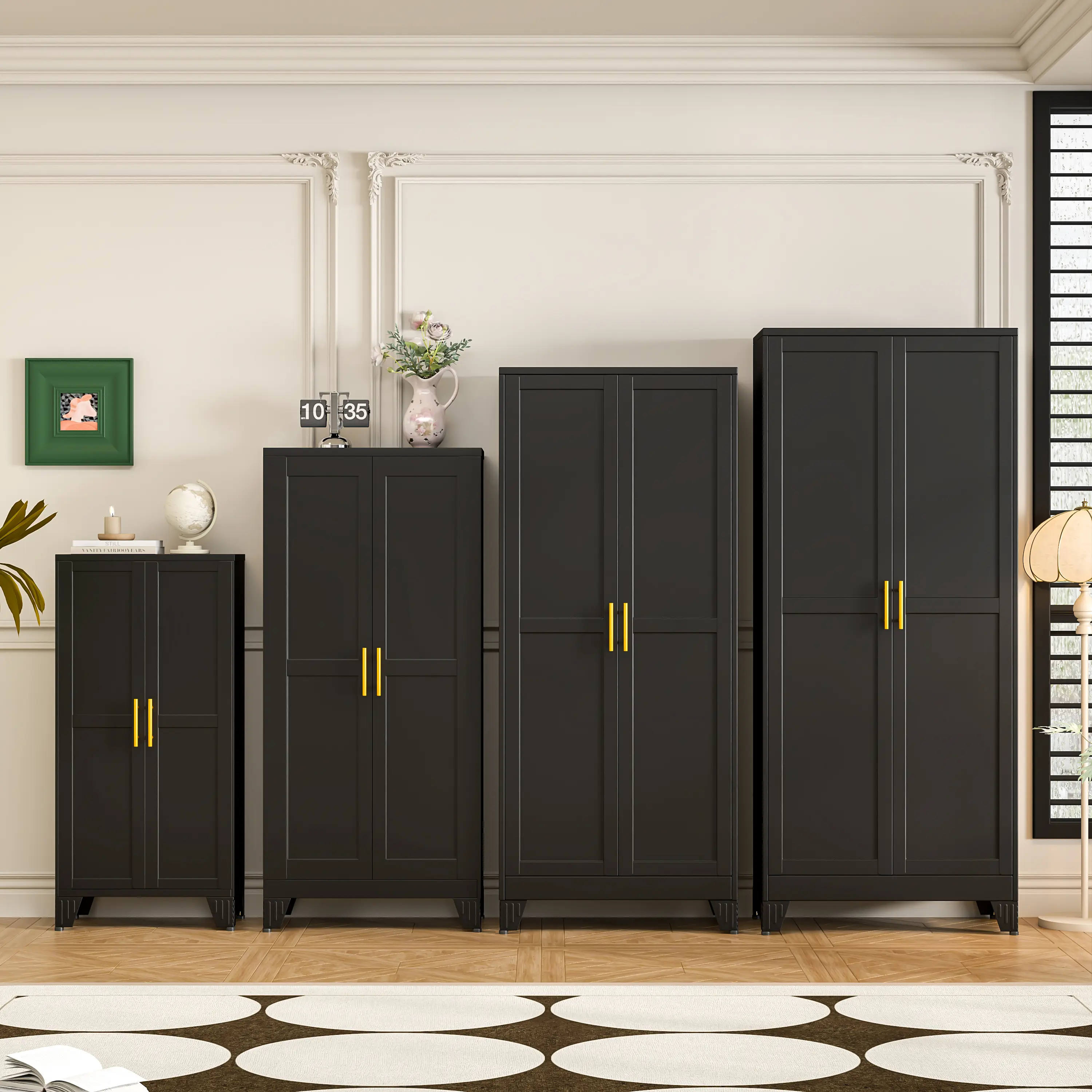 Armario despensero de metal con 2 puertas y estantes ajustables. Disponible en cuatro tamaños: 47", 61", 71" y 75". Armario de almacenamiento para cocina con tiradores dorados: solución versátil para cocina, baño, comedor o cuarto de servicio.