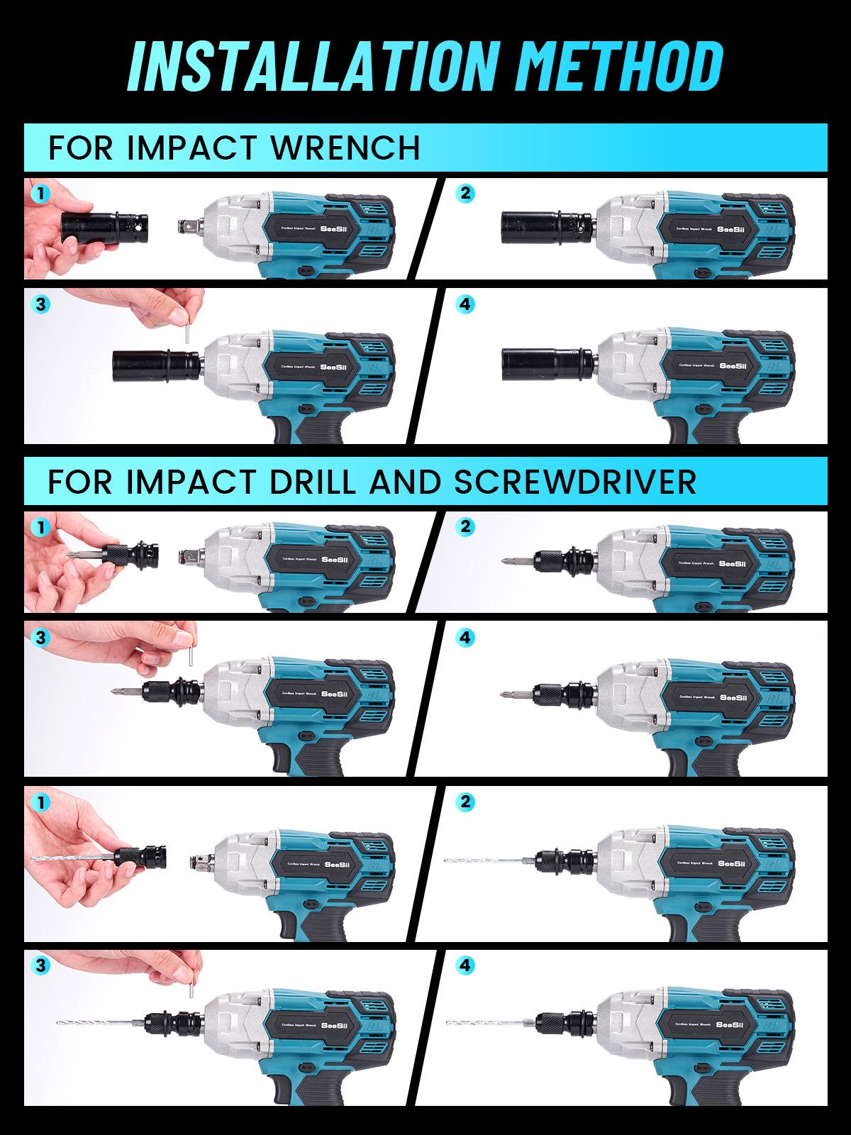 Seesii 3 in 1 Cordless Impact Wrench 1/2'',3300RPM,Brushless Impact Driver w/ 2x 4.0Ah Batteries,6 Sockets,Drills,6 Screws,Power Tool Heavy Duty
