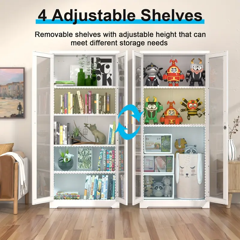 POLUP Armario independiente, resistente e impermeable de 71 pulgadas: vitrina rectangular de vidrio con puerta con cerradura, estructura metálica y puerta de cristal, 4 estantes ajustables, base plana, decoración moderna para el hogar; mueble de almacenam