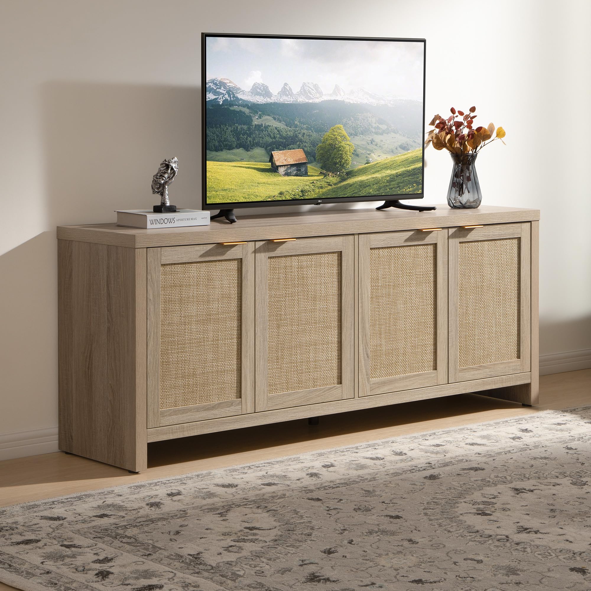 【SohoChic】SICOTAS TV Stand for Living Room Boho Entertainment Center for Bedroom with 4 Rattan Cabinets Farmhouse Television Stands with Storage Large Wood Media Console Table for TVs up to 45 50 55 60 65 Inch