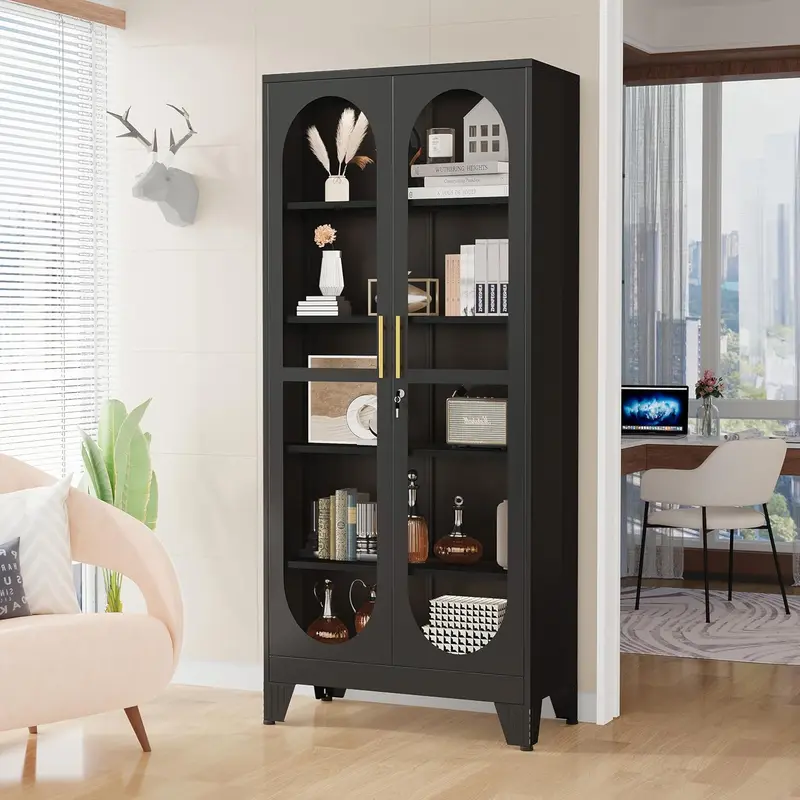 GEITIN Sturdy 70.87" Tall Metal Curio Cabinet - Lock-secure Glass Door, 5-Tier Room Furniture with 4 Adjustable Shelves, Home Bar & Tool Storage for Crockery, Collectibles, Files