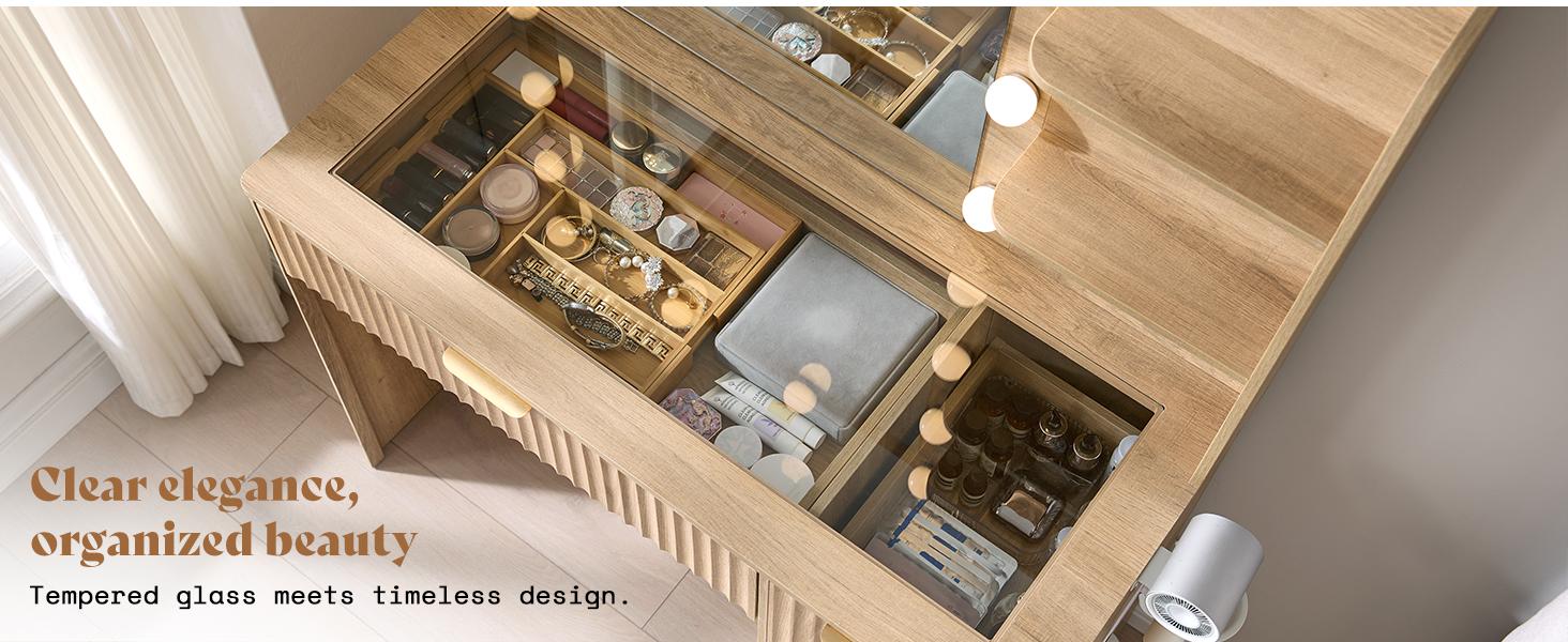 AMERLIFE 36.2/47.2" Fluted Vanity Desk with Mirror and Adjustable LED Lights, Large 4/7 Drawers Makeup Table with Glass Top and Charging Station for Women and Girls, Bedroom or Dorm/Best Gift Ideas/Christmas Gifts[tiktokshopbacktoschool][SohoChic]