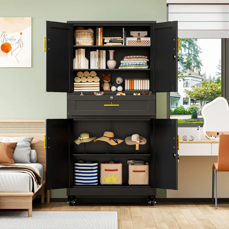 75" Lockable Metal Storage Cabinet with Wheels, Rolling Tool Organizer with Shelves & Drawer for Multi-Scene Use