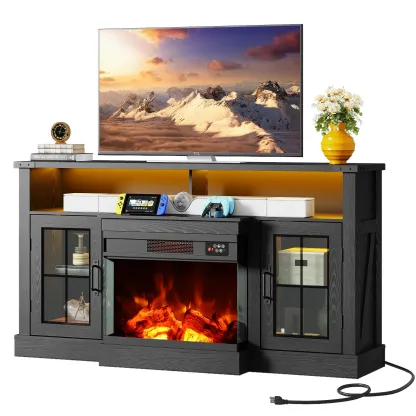 Mueble para TV WLIVE con chimenea eléctrica y vidrio en 3 lados para televisores de 65 pulgadas; centro de entretenimiento con 14 colores de llama y gabinetes de almacenamiento con iluminación LED ajustable; consola multimedia estilo rústico para sala de 