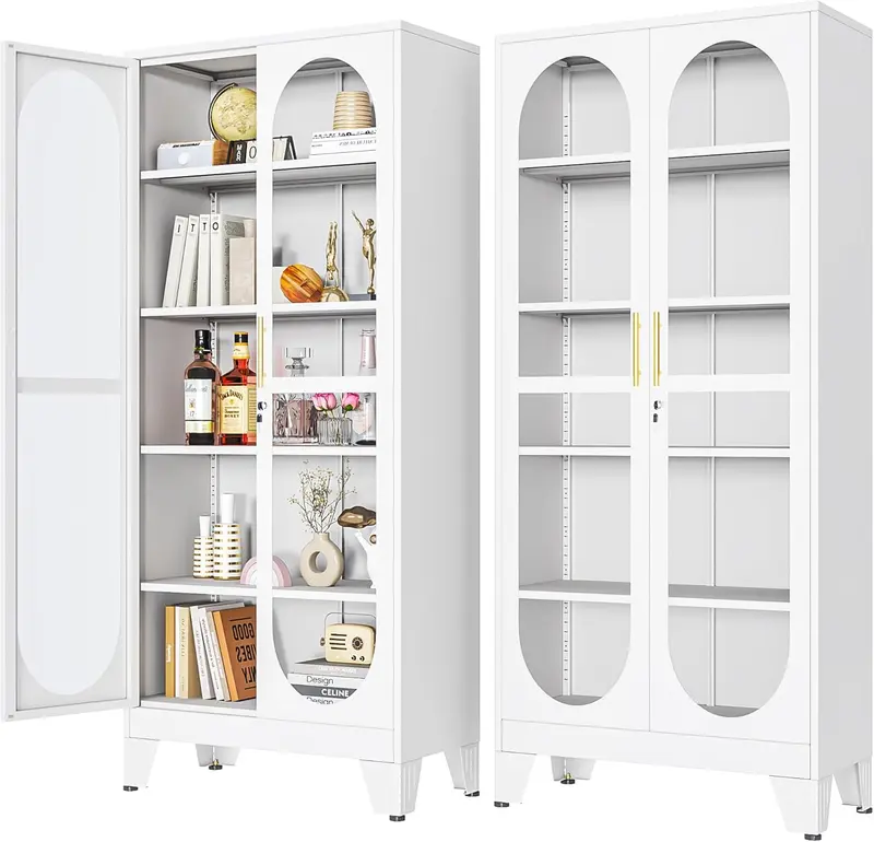 GEITIN Sturdy 70.87" Tall Metal Curio Cabinet - Lock-secure Glass Door, 5-Tier Room Furniture with 4 Adjustable Shelves, Home Bar & Tool Storage for Crockery, Collectibles, Files